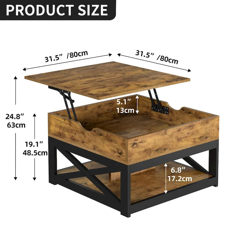 Table basse carrée à plateau relevable Moasis Farmhouse avec rangement et étagère