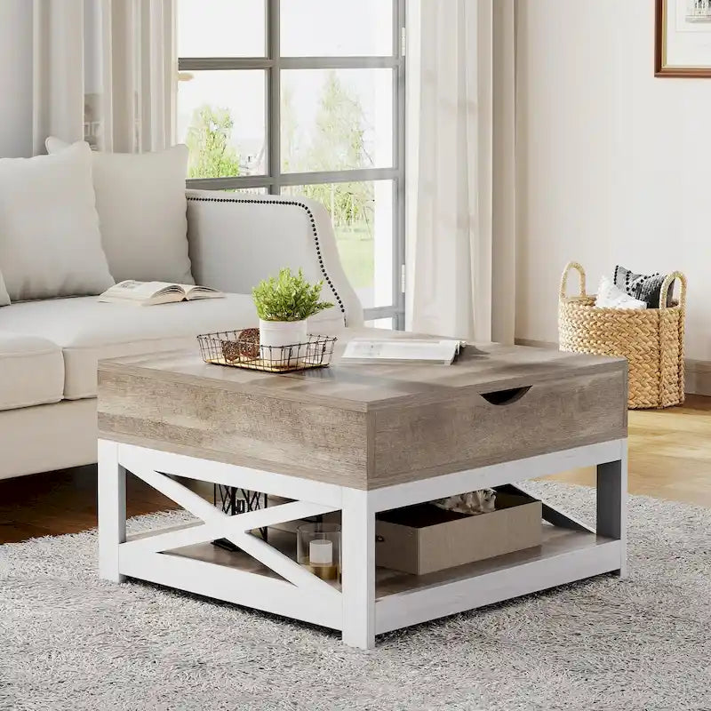 Table basse carrée à plateau relevable Moasis Farmhouse avec rangement et étagère