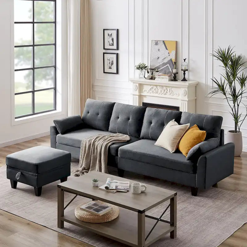Canapé d'angle moderne en forme de L avec chaise longue, pouf de rangement et poches latérales pour le salon