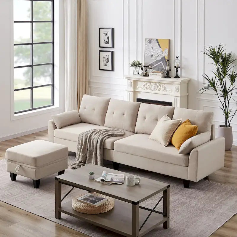 Canapé d'angle moderne en forme de L avec chaise longue, pouf de rangement et poches latérales pour le salon