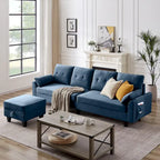 Canapé d'angle moderne en forme de L avec chaise longue, pouf de rangement et poches latérales pour le salon