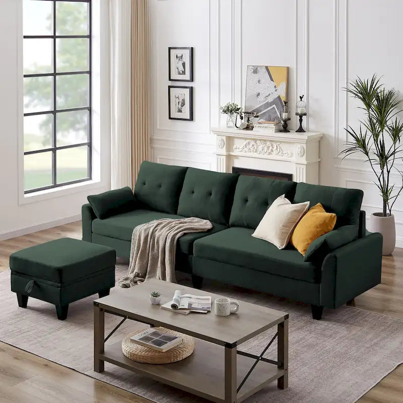 Canapé d'angle moderne en forme de L avec chaise longue, pouf de rangement et poches latérales pour le salon