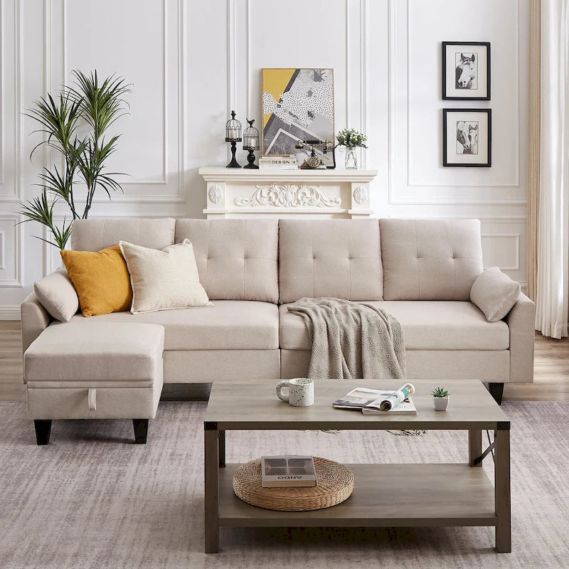Canapé d'angle moderne en forme de L avec chaise longue, pouf de rangement et poches latérales pour le salon