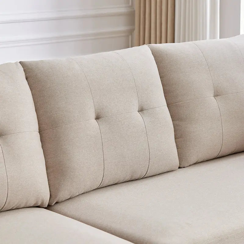 Canapé d'angle moderne en forme de L avec chaise longue, pouf de rangement et poches latérales pour le salon