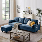 Canapé d'angle moderne en forme de L avec chaise longue, pouf de rangement et poches latérales pour le salon