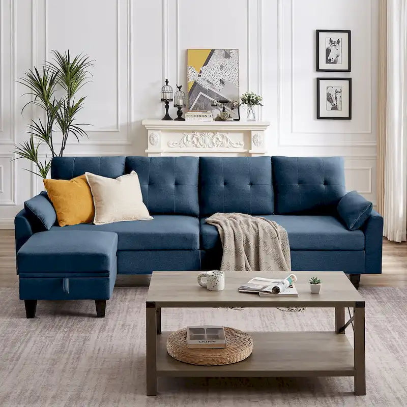 Canapé d'angle moderne en forme de L avec chaise longue, pouf de rangement et poches latérales pour le salon