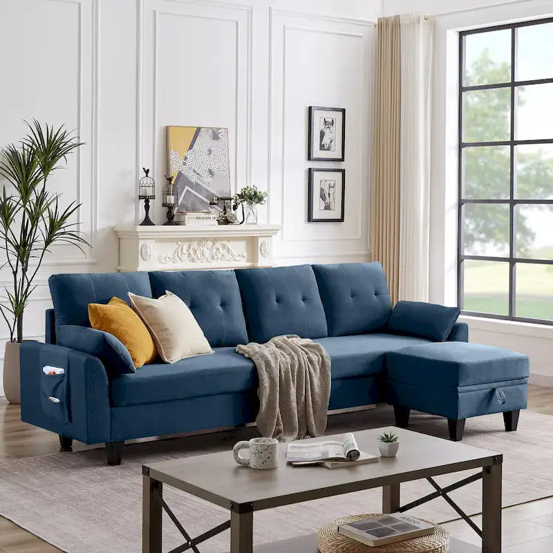 Canapé d'angle moderne en forme de L avec chaise longue, pouf de rangement et poches latérales pour le salon