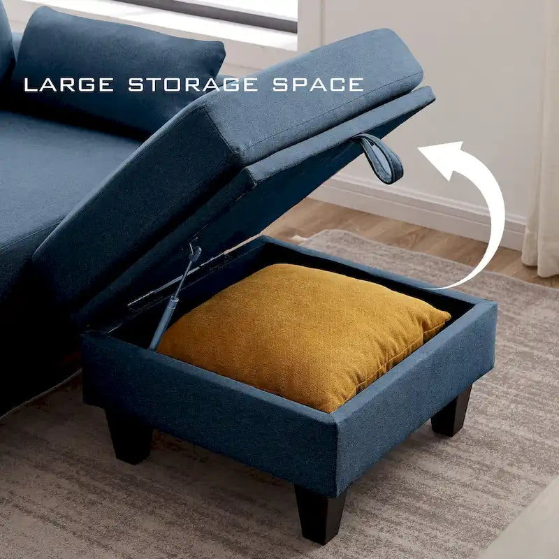 Canapé d'angle moderne en forme de L avec chaise longue, pouf de rangement et poches latérales pour le salon
