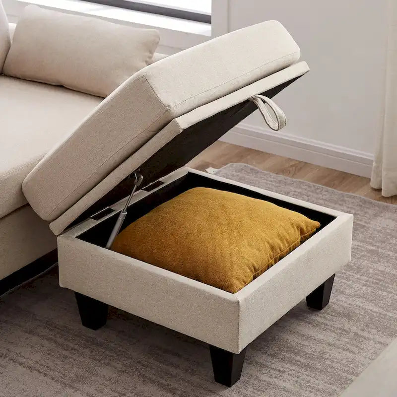 Canapé d'angle moderne en forme de L avec chaise longue, pouf de rangement et poches latérales pour le salon