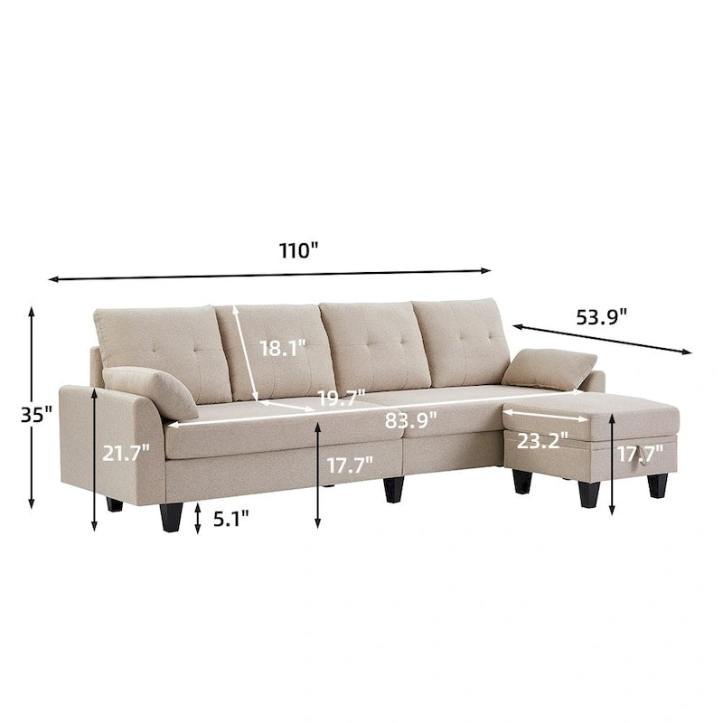 Canapé d'angle moderne en forme de L avec chaise longue, pouf de rangement et poches latérales pour le salon