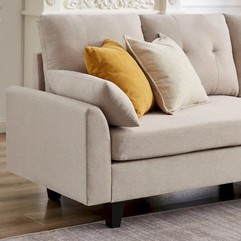 Canapé d'angle moderne en forme de L avec chaise longue, pouf de rangement et poches latérales pour le salon