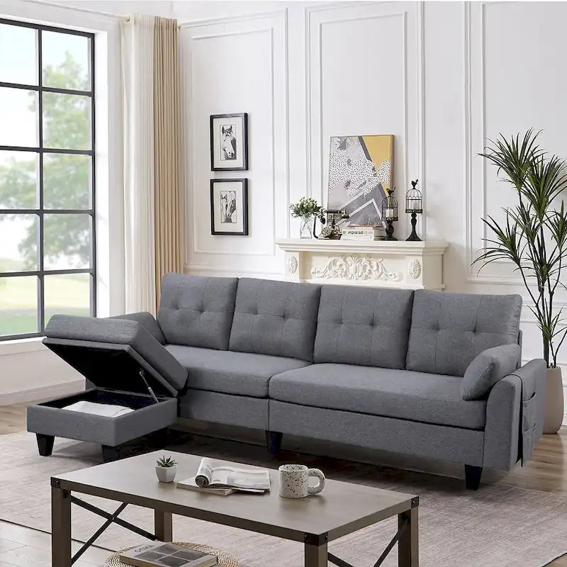 Canapé d'angle moderne en forme de L avec chaise longue, pouf de rangement et poches latérales pour le salon