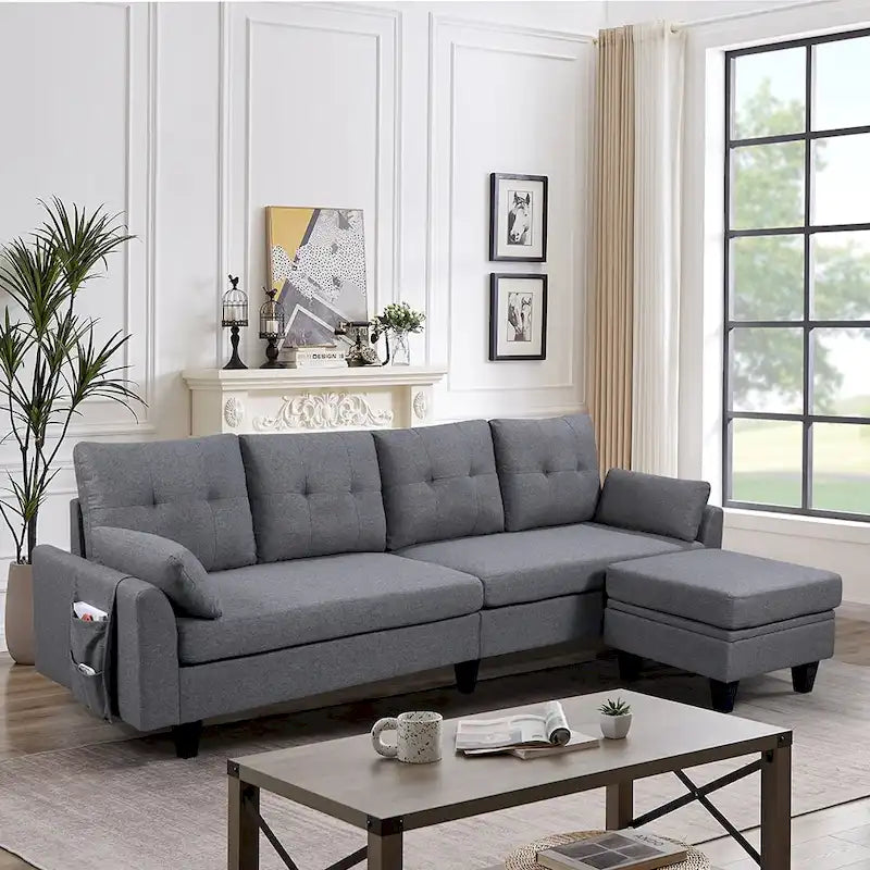 Canapé d'angle moderne en forme de L avec chaise longue, pouf de rangement et poches latérales pour le salon