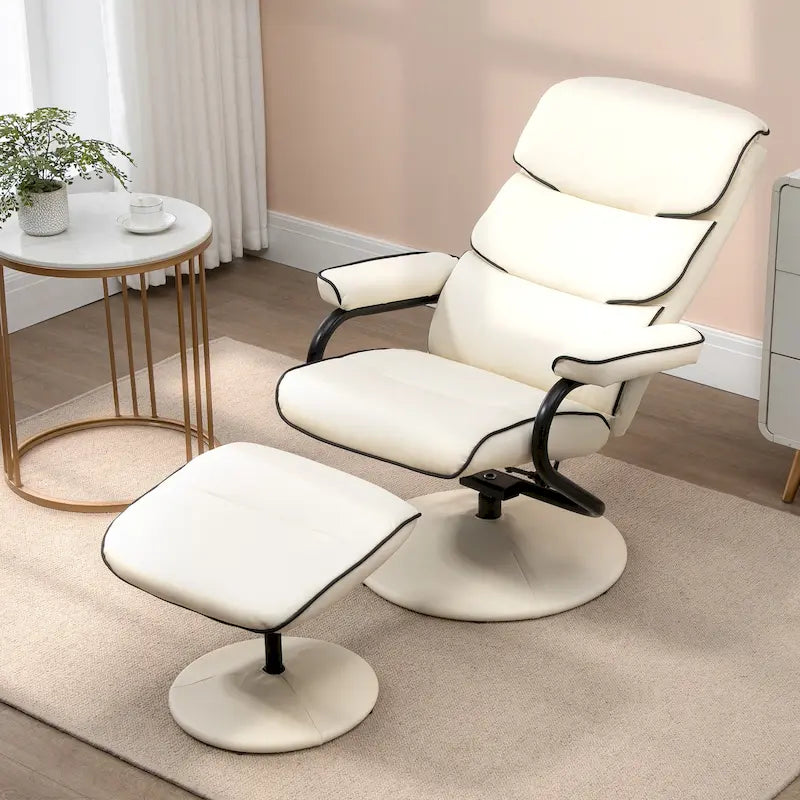 Fauteuil inclinable pivotant avec pouf et repose-pieds, fauteuil à dossier haut en cuir PU, réglable à 135°