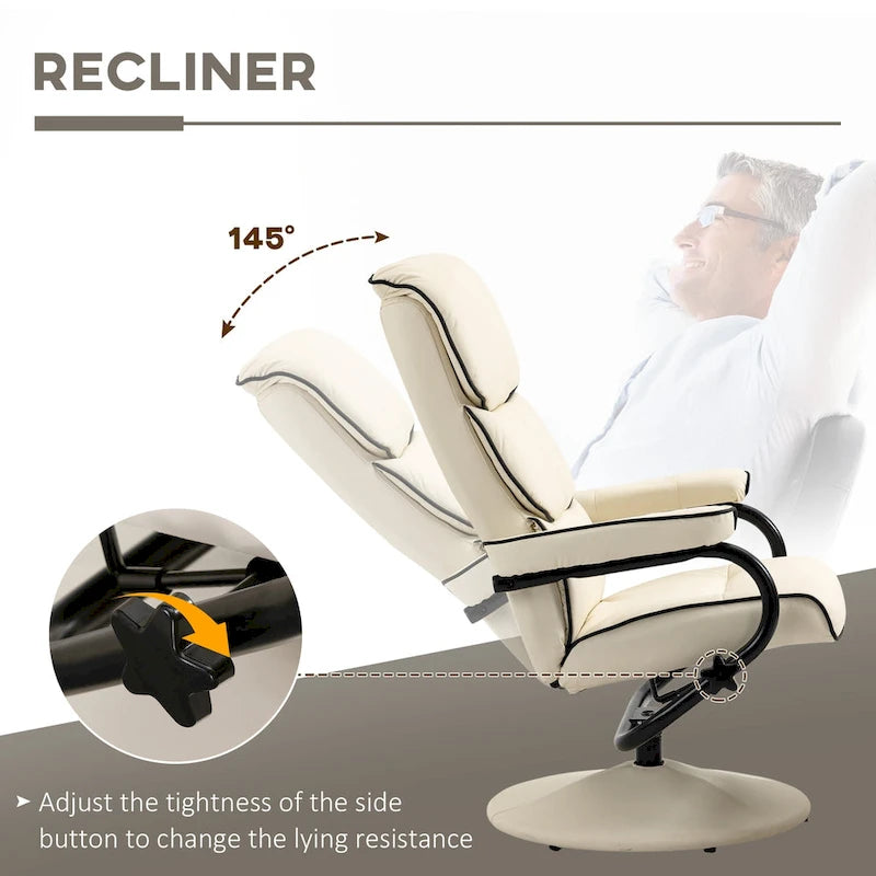 Fauteuil inclinable pivotant avec pouf et repose-pieds, fauteuil à dossier haut en cuir PU, réglable à 135°