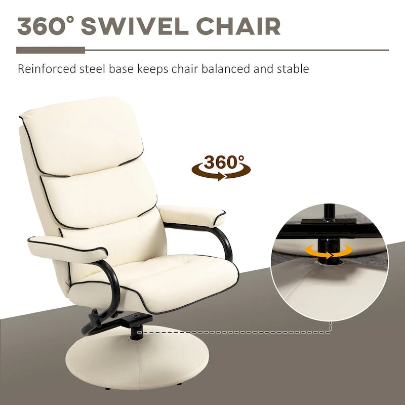 Fauteuil inclinable pivotant avec pouf et repose-pieds, fauteuil à dossier haut en cuir PU, réglable à 135°
