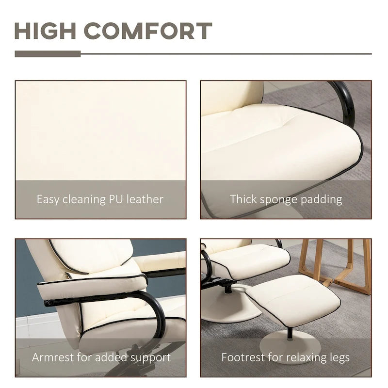 Fauteuil inclinable pivotant avec pouf et repose-pieds, fauteuil à dossier haut en cuir PU, réglable à 135°