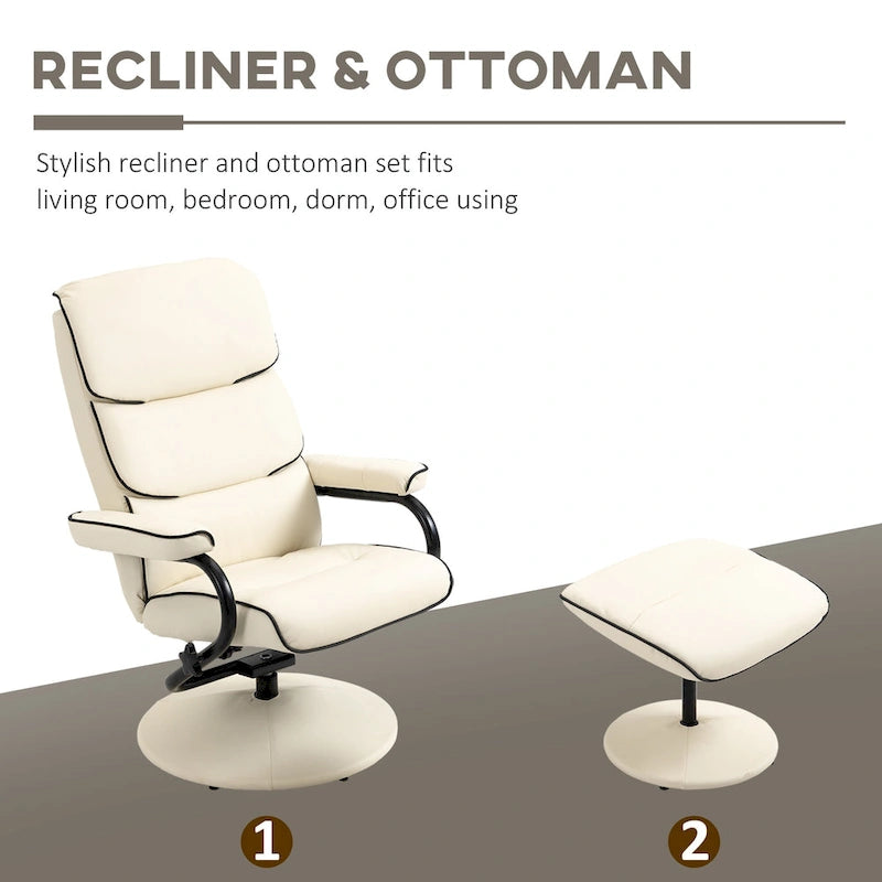 Fauteuil inclinable pivotant avec pouf et repose-pieds, fauteuil à dossier haut en cuir PU, réglable à 135°