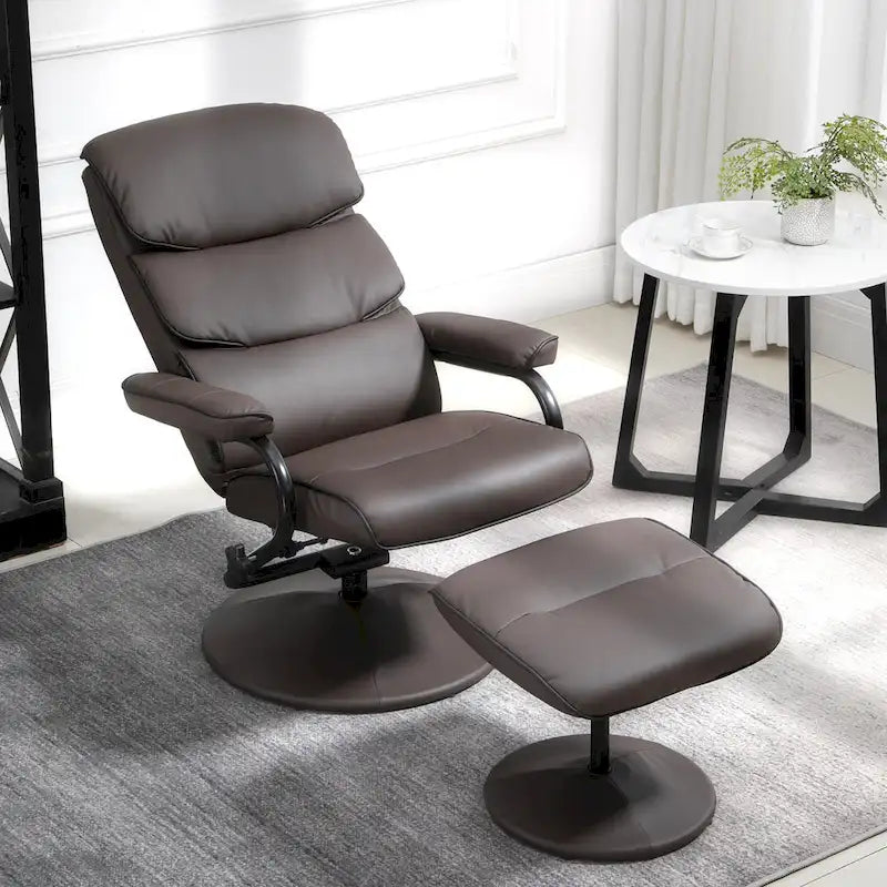Fauteuil inclinable pivotant avec pouf et repose-pieds, fauteuil à dossier haut en cuir PU, réglable à 135°