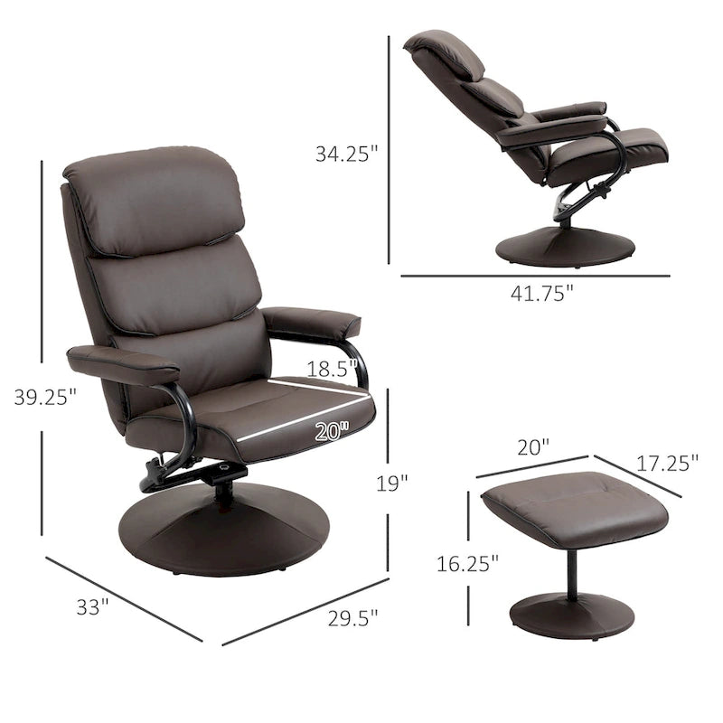 Fauteuil inclinable pivotant avec pouf et repose-pieds, fauteuil à dossier haut en cuir PU, réglable à 135°