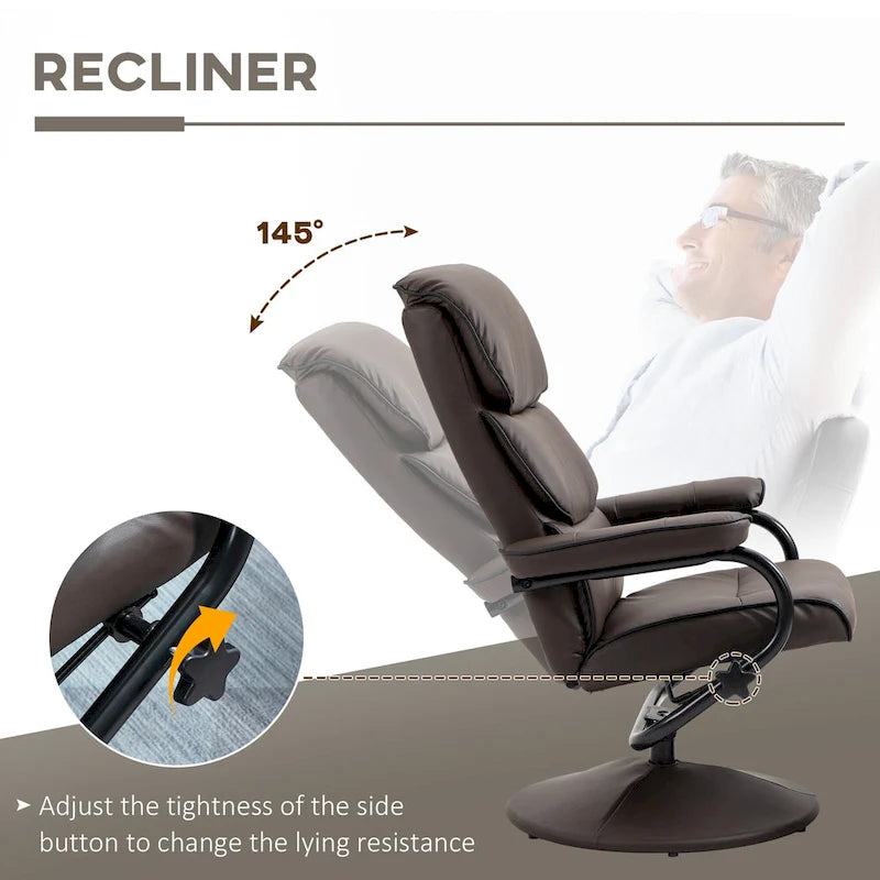 Fauteuil inclinable pivotant avec pouf et repose-pieds, fauteuil à dossier haut en cuir PU, réglable à 135°
