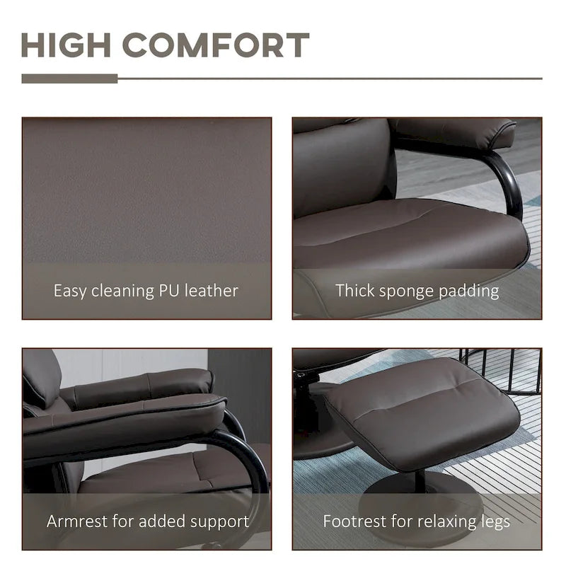 Fauteuil inclinable pivotant avec pouf et repose-pieds, fauteuil à dossier haut en cuir PU, réglable à 135°