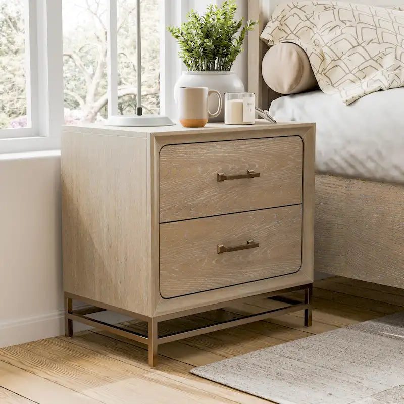 Table de chevet transitionnelle en bois massif de chêne, 2 tiroirs avec pieds en métal, aucun assemblage requis, chambre moderne