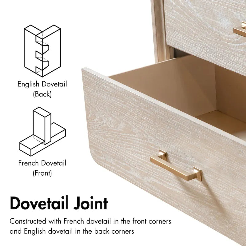 Table de chevet transitionnelle en bois massif de chêne, 2 tiroirs avec pieds en métal, aucun assemblage requis, chambre moderne