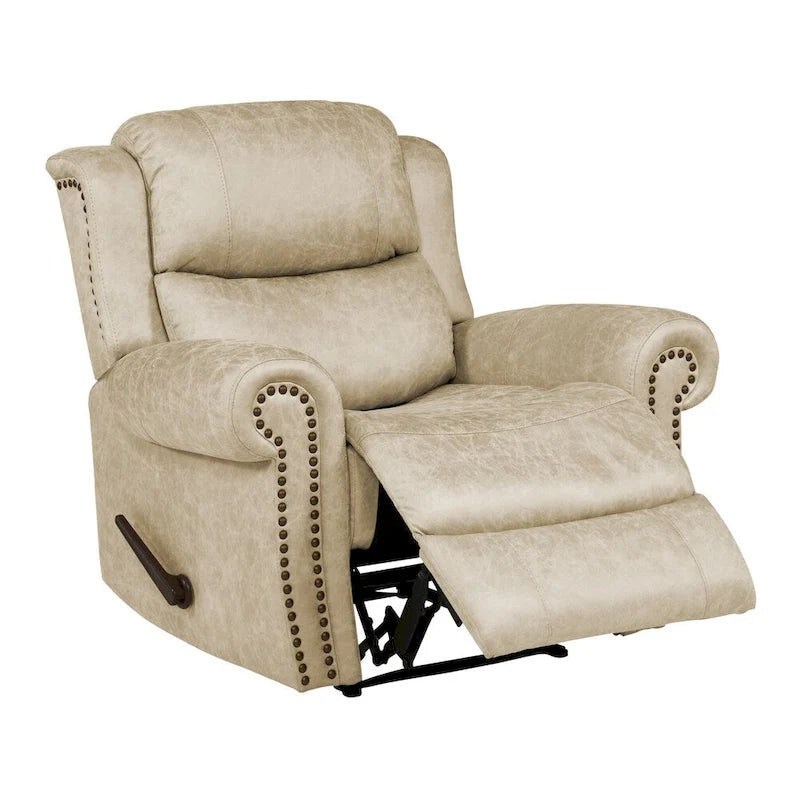 Fauteuil inclinable mural très large, similicuir vieilli, clous décoratifs et appui-tête bronze antique
