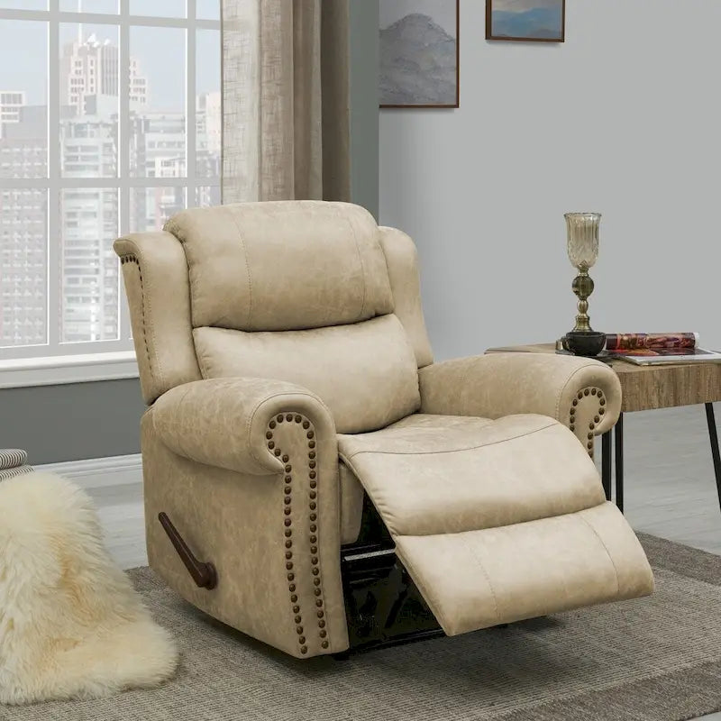Fauteuil inclinable mural très large, similicuir vieilli, clous décoratifs et appui-tête bronze antique