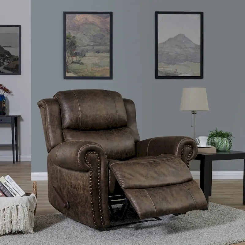 Fauteuil inclinable mural très large, similicuir vieilli, clous décoratifs et appui-tête bronze antique