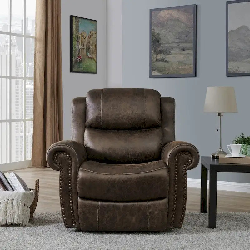 Fauteuil inclinable mural très large, similicuir vieilli, clous décoratifs et appui-tête bronze antique