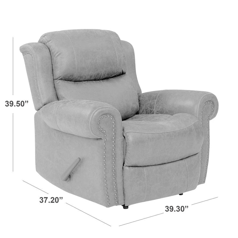 Fauteuil inclinable mural très large, similicuir vieilli, clous décoratifs et appui-tête bronze antique