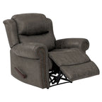 Fauteuil inclinable mural très large, similicuir vieilli, clous décoratifs et appui-tête bronze antique