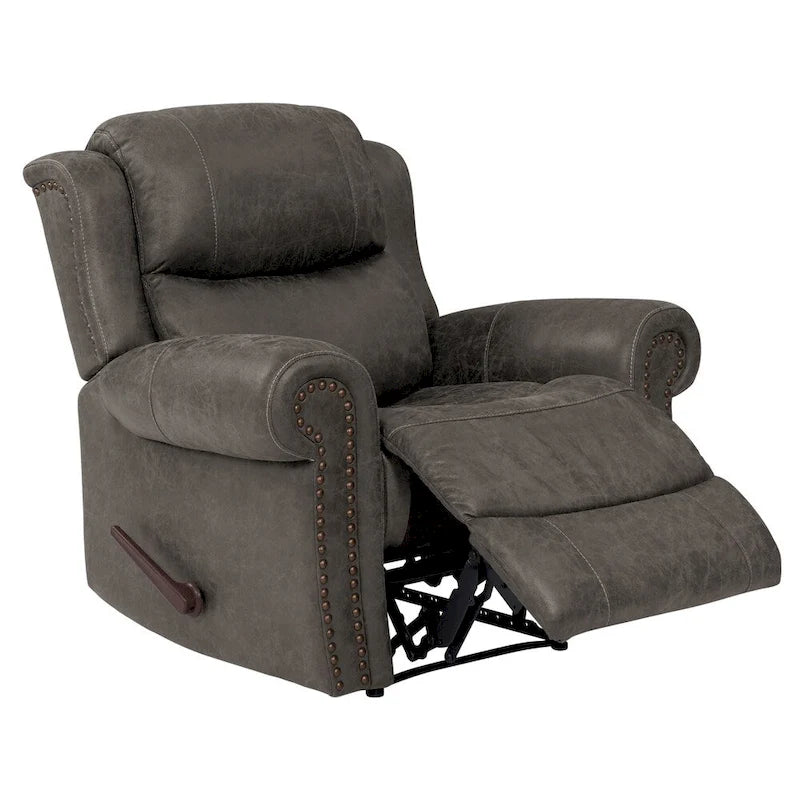 Fauteuil inclinable mural très large, similicuir vieilli, clous décoratifs et appui-tête bronze antique