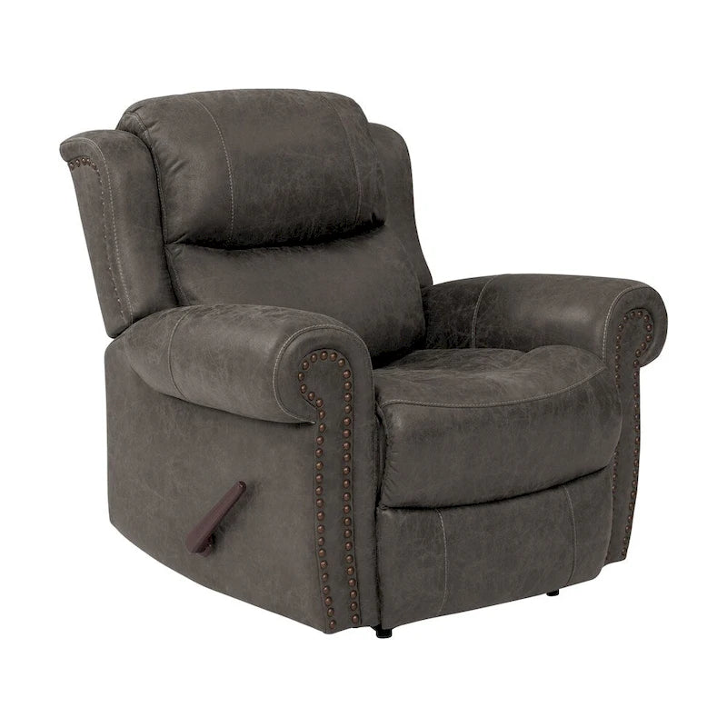 Fauteuil inclinable mural très large, similicuir vieilli, clous décoratifs et appui-tête bronze antique