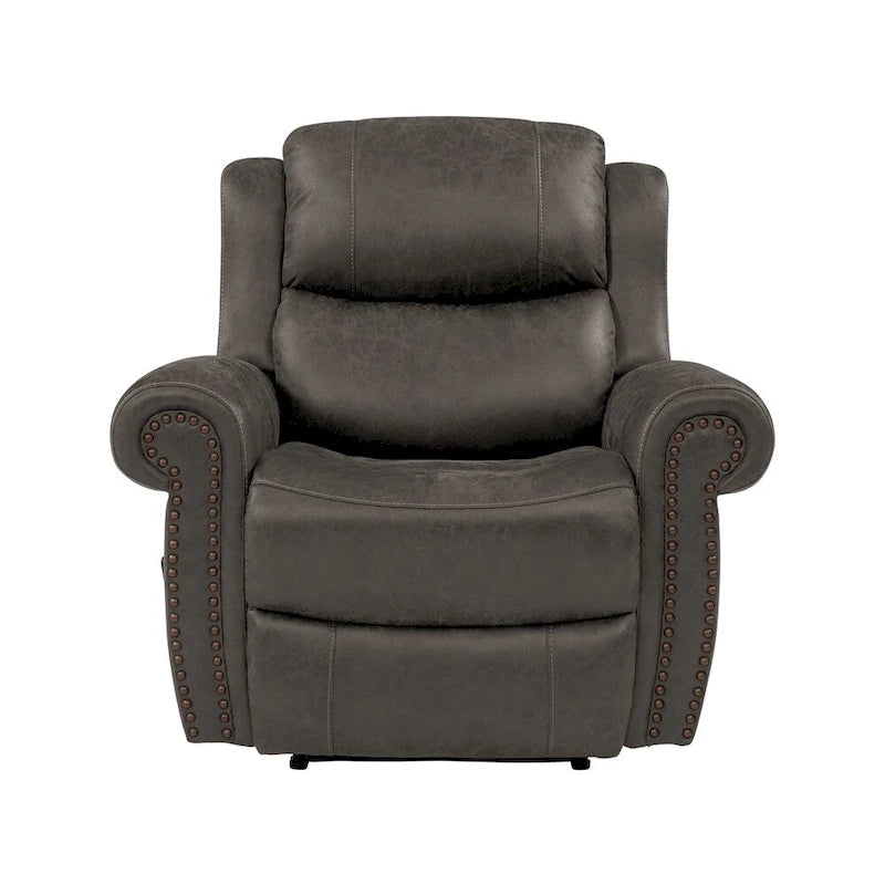 Fauteuil inclinable mural très large, similicuir vieilli, clous décoratifs et appui-tête bronze antique
