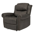 Fauteuil inclinable mural très large, similicuir vieilli, clous décoratifs et appui-tête bronze antique