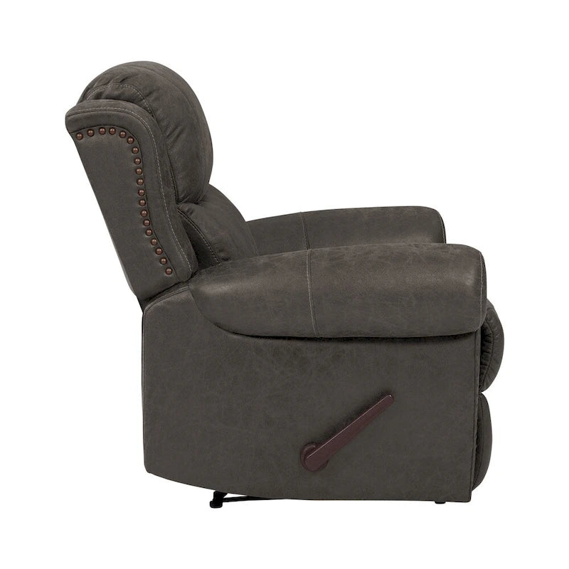 Fauteuil inclinable mural très large, similicuir vieilli, clous décoratifs et appui-tête bronze antique