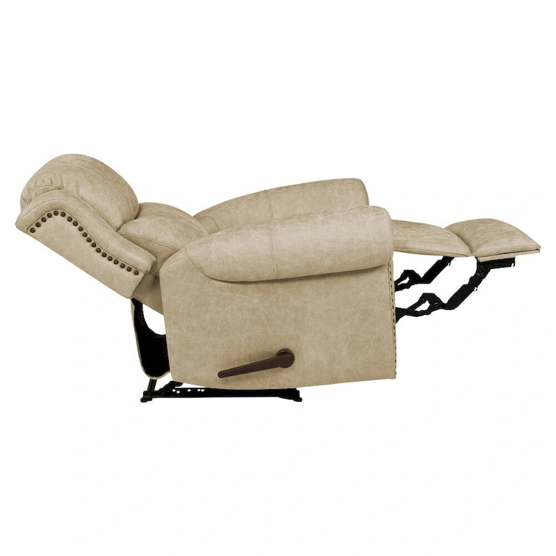 Fauteuil inclinable mural très large, similicuir vieilli, clous décoratifs et appui-tête bronze antique