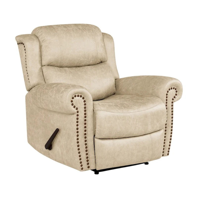 Fauteuil inclinable mural très large, similicuir vieilli, clous décoratifs et appui-tête bronze antique