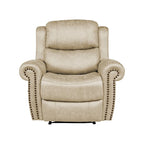 Fauteuil inclinable mural très large, similicuir vieilli, clous décoratifs et appui-tête bronze antique