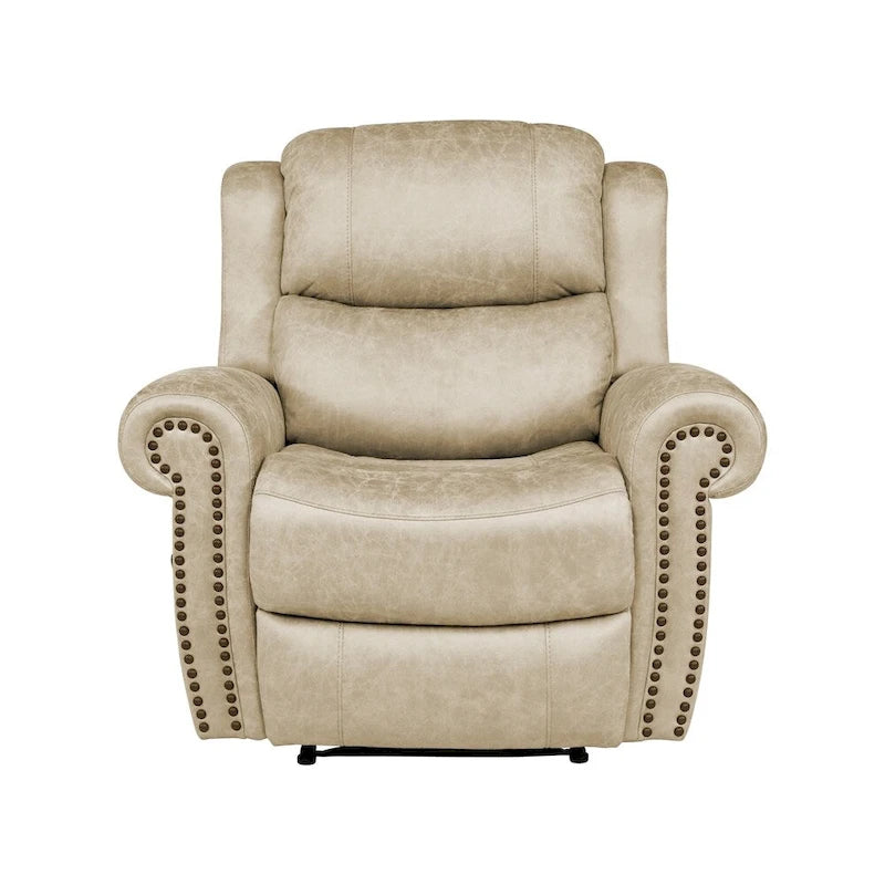 Fauteuil inclinable mural très large, similicuir vieilli, clous décoratifs et appui-tête bronze antique