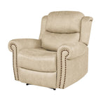 Fauteuil inclinable mural très large, similicuir vieilli, clous décoratifs et appui-tête bronze antique