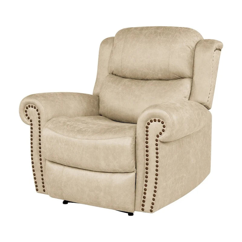 Fauteuil inclinable mural très large, similicuir vieilli, clous décoratifs et appui-tête bronze antique