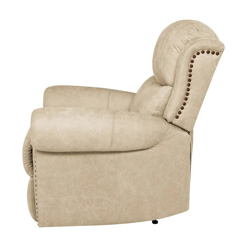 Fauteuil inclinable mural très large, similicuir vieilli, clous décoratifs et appui-tête bronze antique
