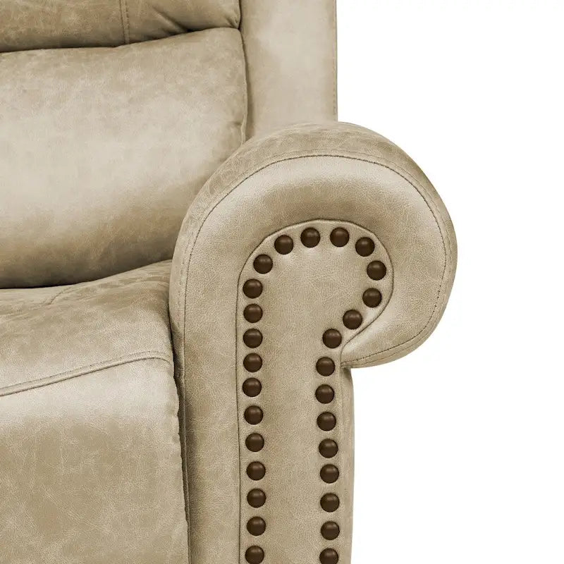 Fauteuil inclinable mural très large, similicuir vieilli, clous décoratifs et appui-tête bronze antique