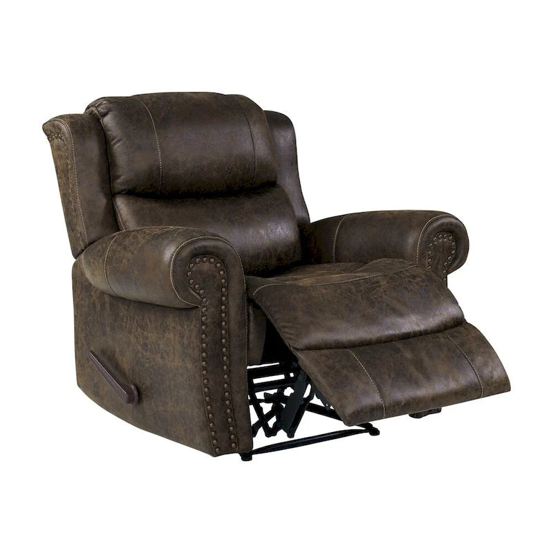 Fauteuil inclinable mural très large, similicuir vieilli, clous décoratifs et appui-tête bronze antique