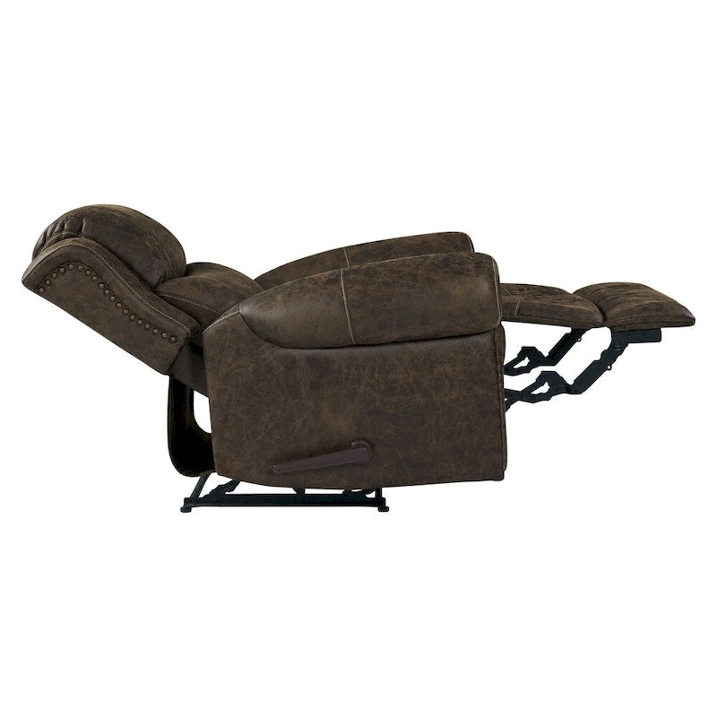 Fauteuil inclinable mural très large, similicuir vieilli, clous décoratifs et appui-tête bronze antique