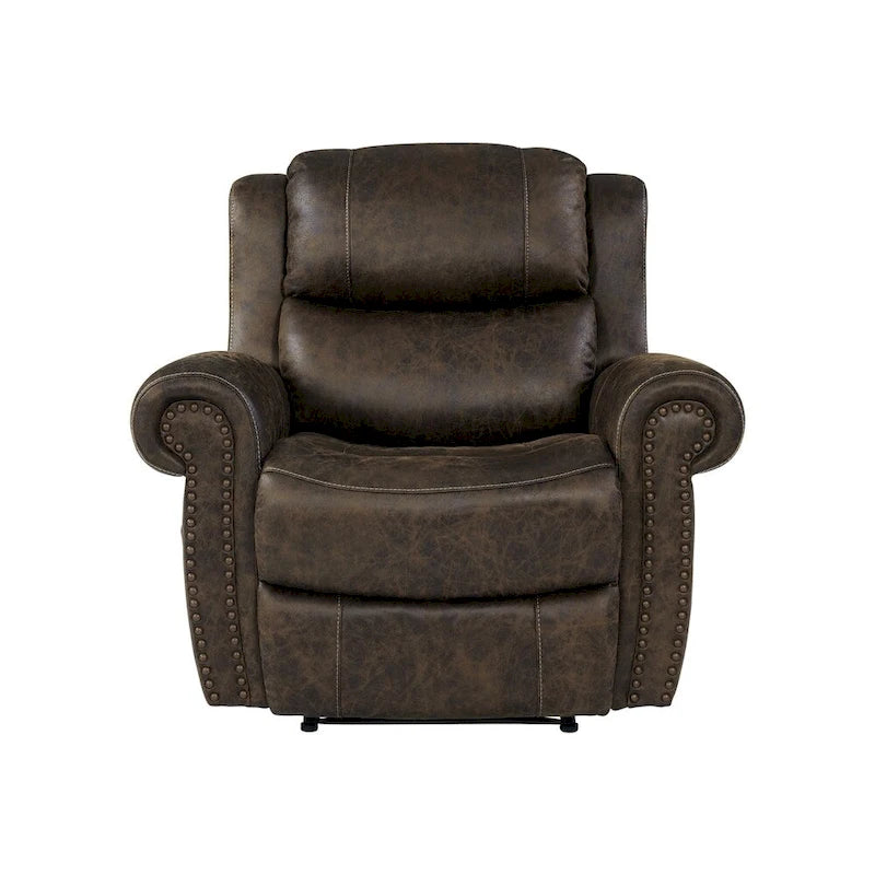Fauteuil inclinable mural très large, similicuir vieilli, clous décoratifs et appui-tête bronze antique